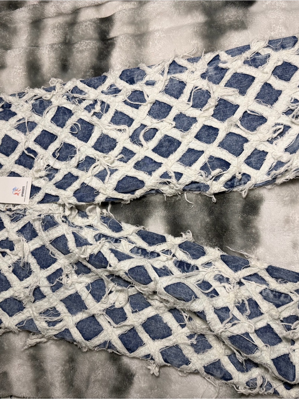 Distressed Lattice-Overlay Women's Jeans in Blue and White